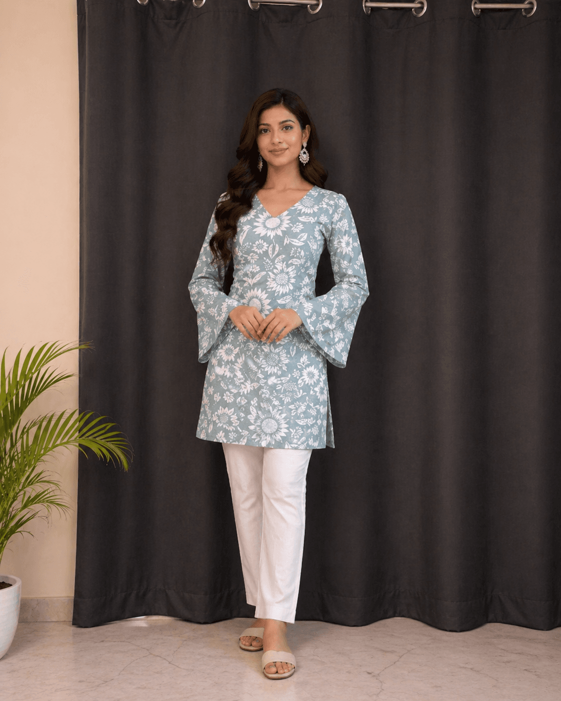 Grey Floral Short Kurti