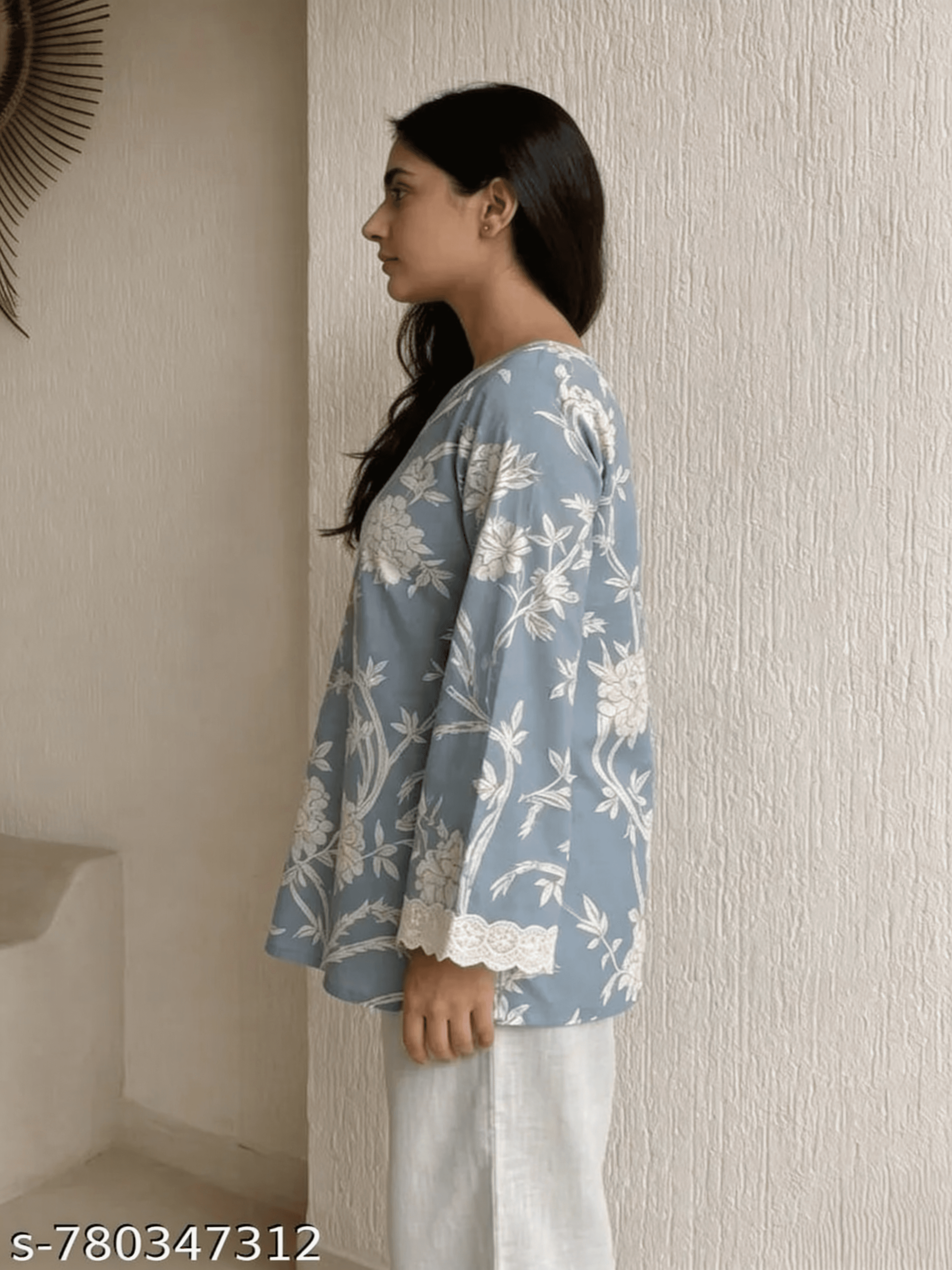Powder Blue Floral Short Kurti — view 3