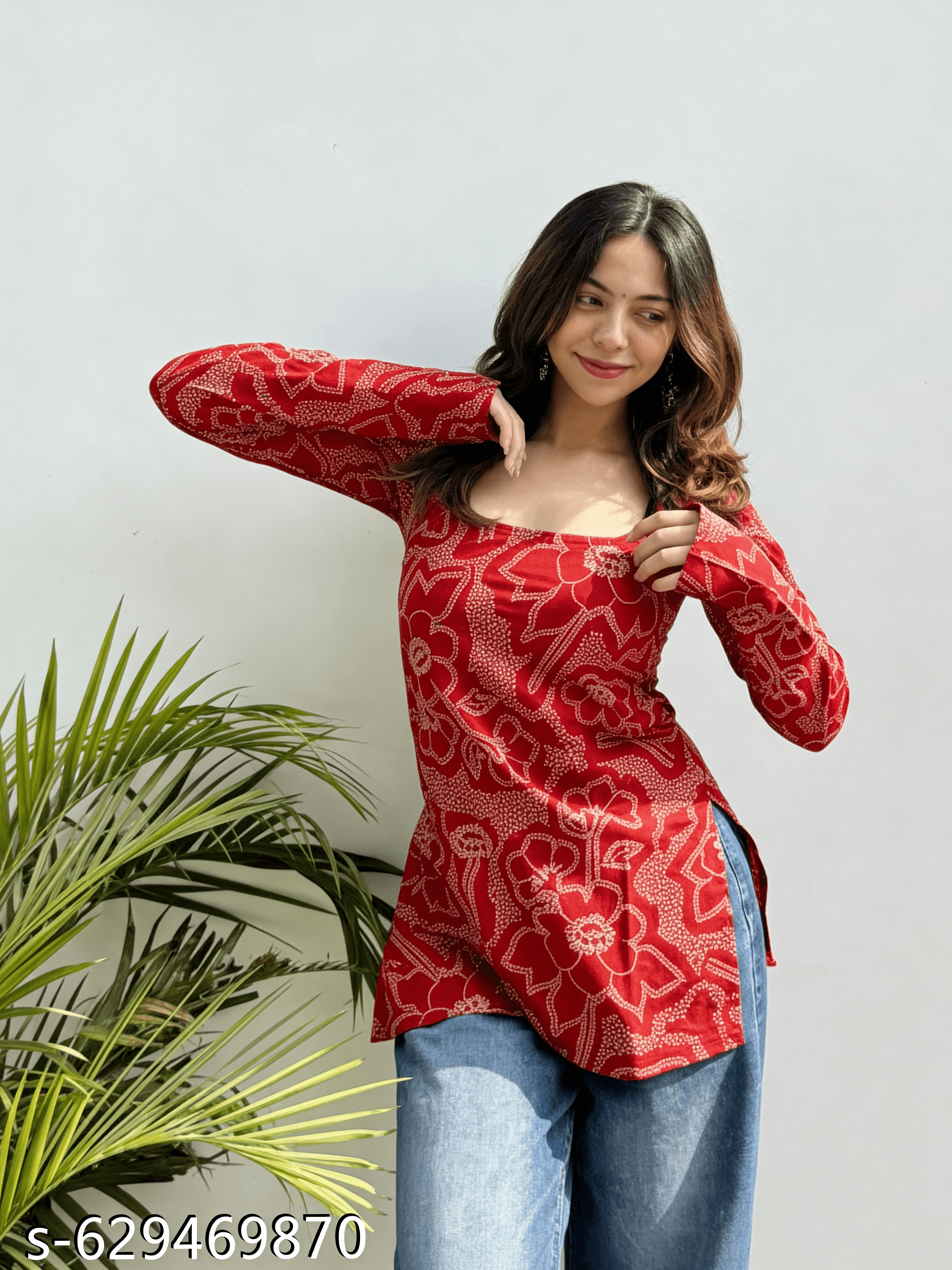 Red Block-Print Short Kurti