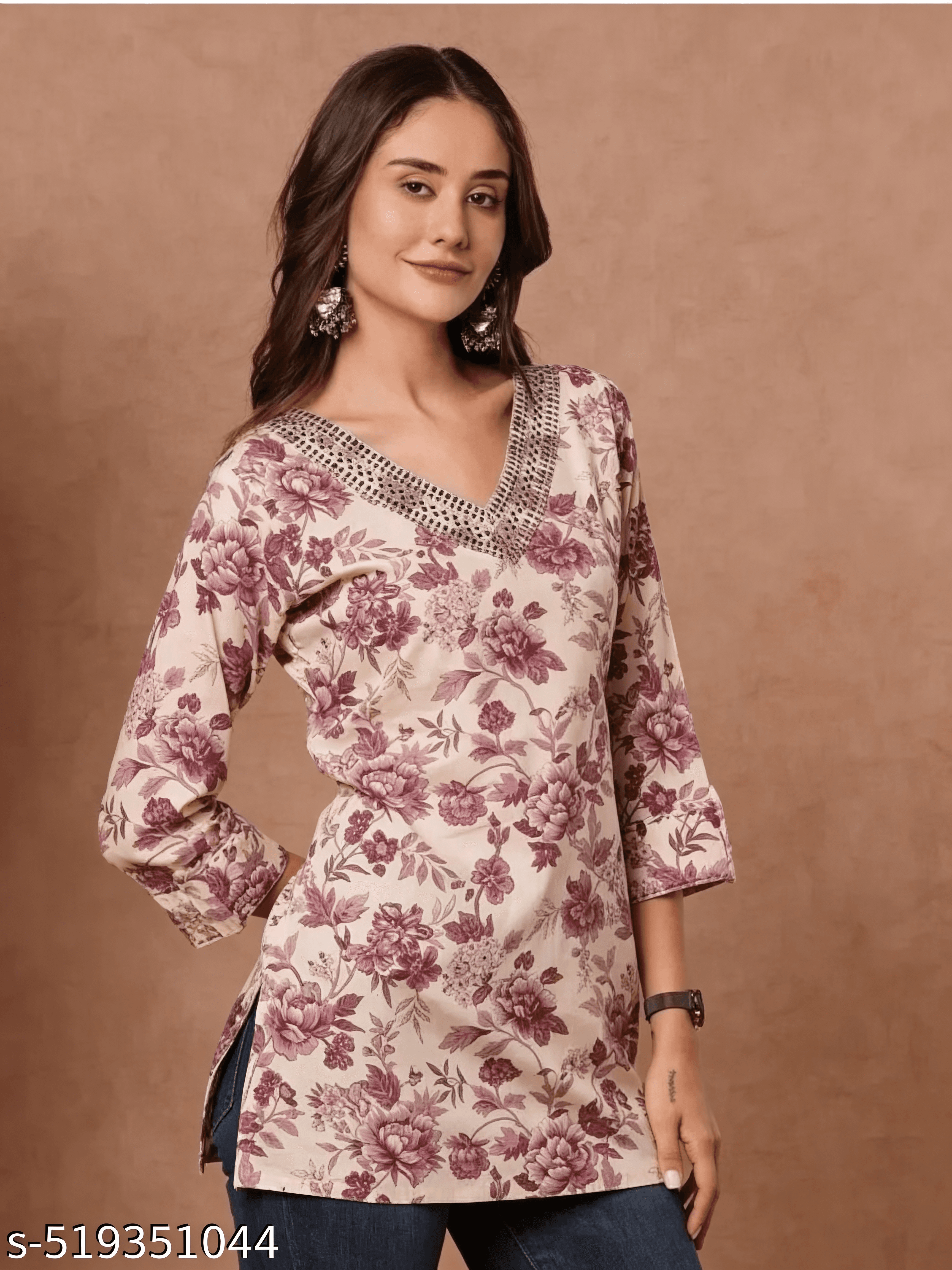 Ivory Mauve Floral Short Kurti