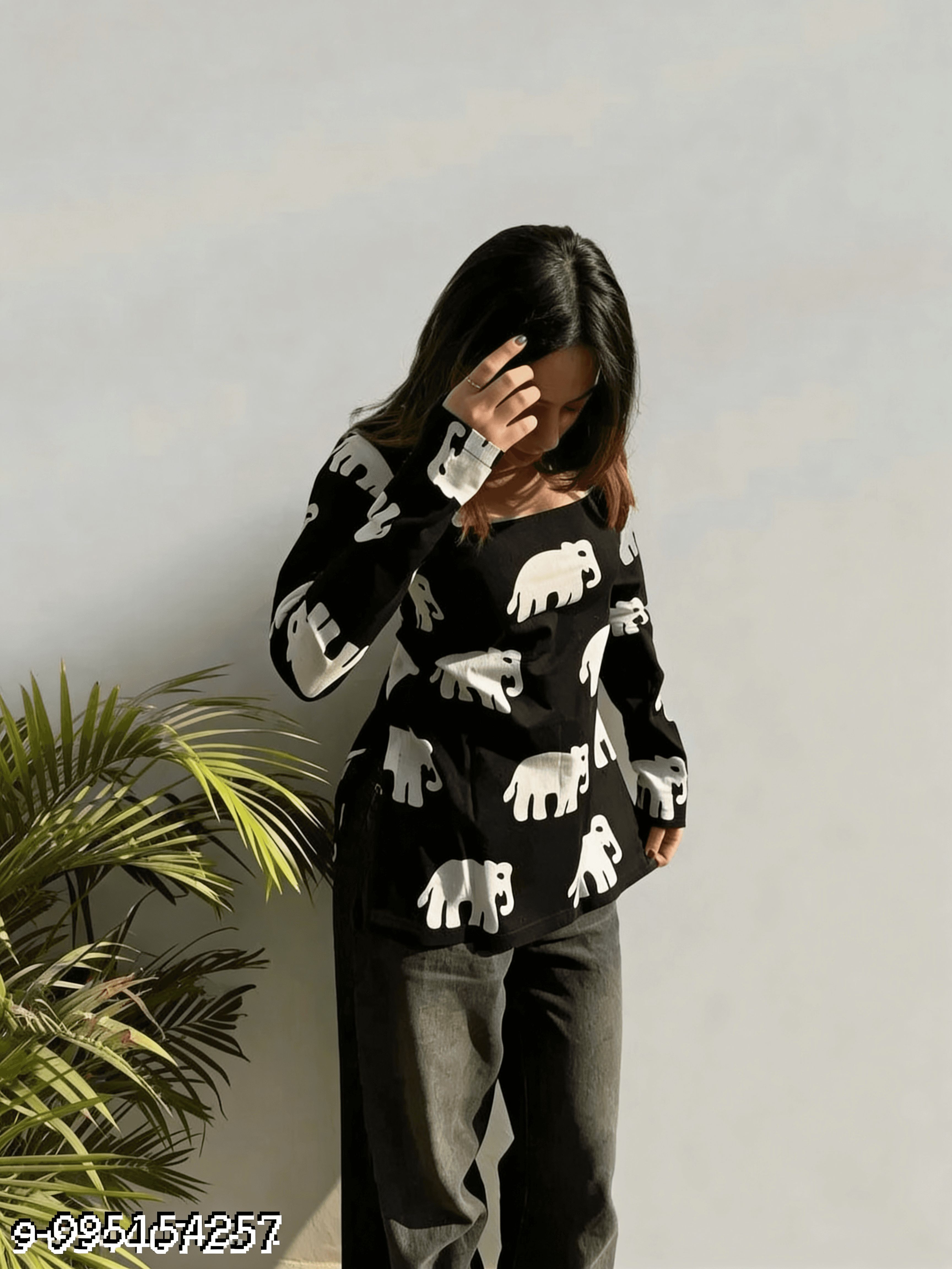 Black Elephant Print Short Kurti