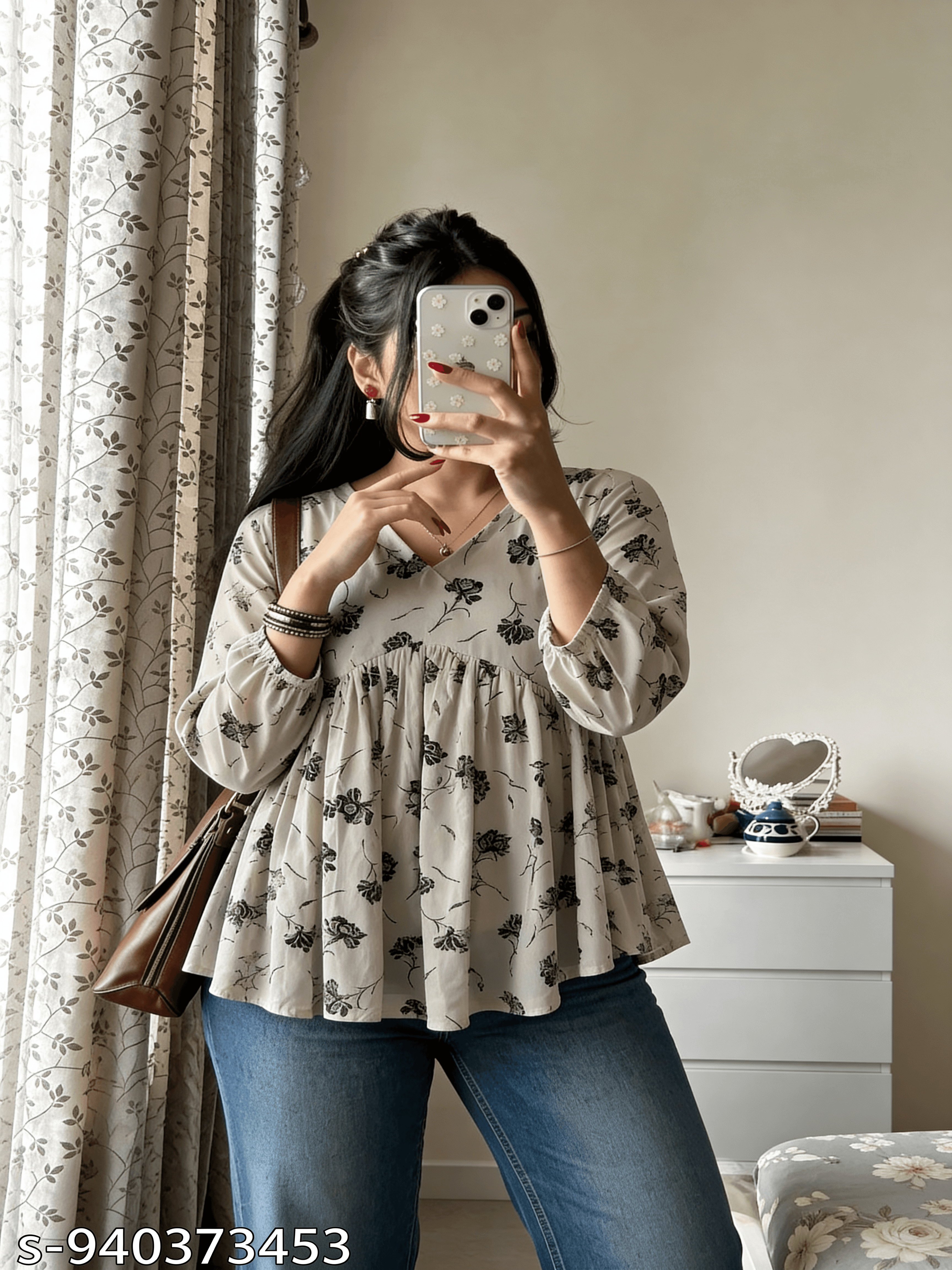 Grey Pleated Floral Short Kurti